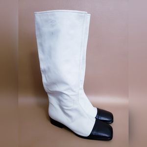 Vintage CHANEL Winter 1998 White Black Square Toe Leather Boots Size. 37